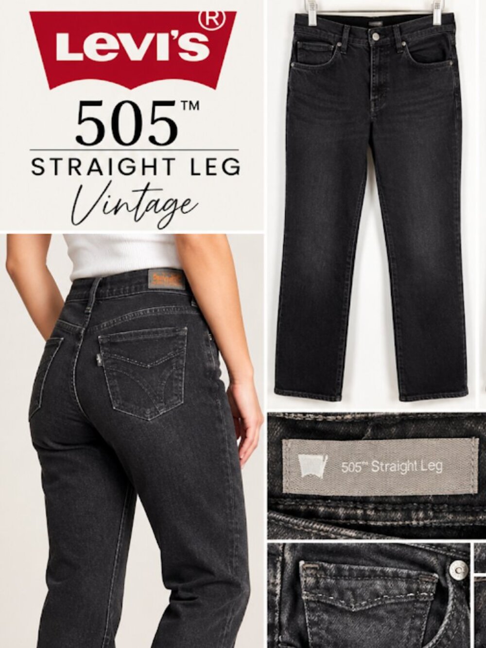 Vintage Levi's 505 Jeans Women 10M Straight Black Pocket Detail Denim Y2K